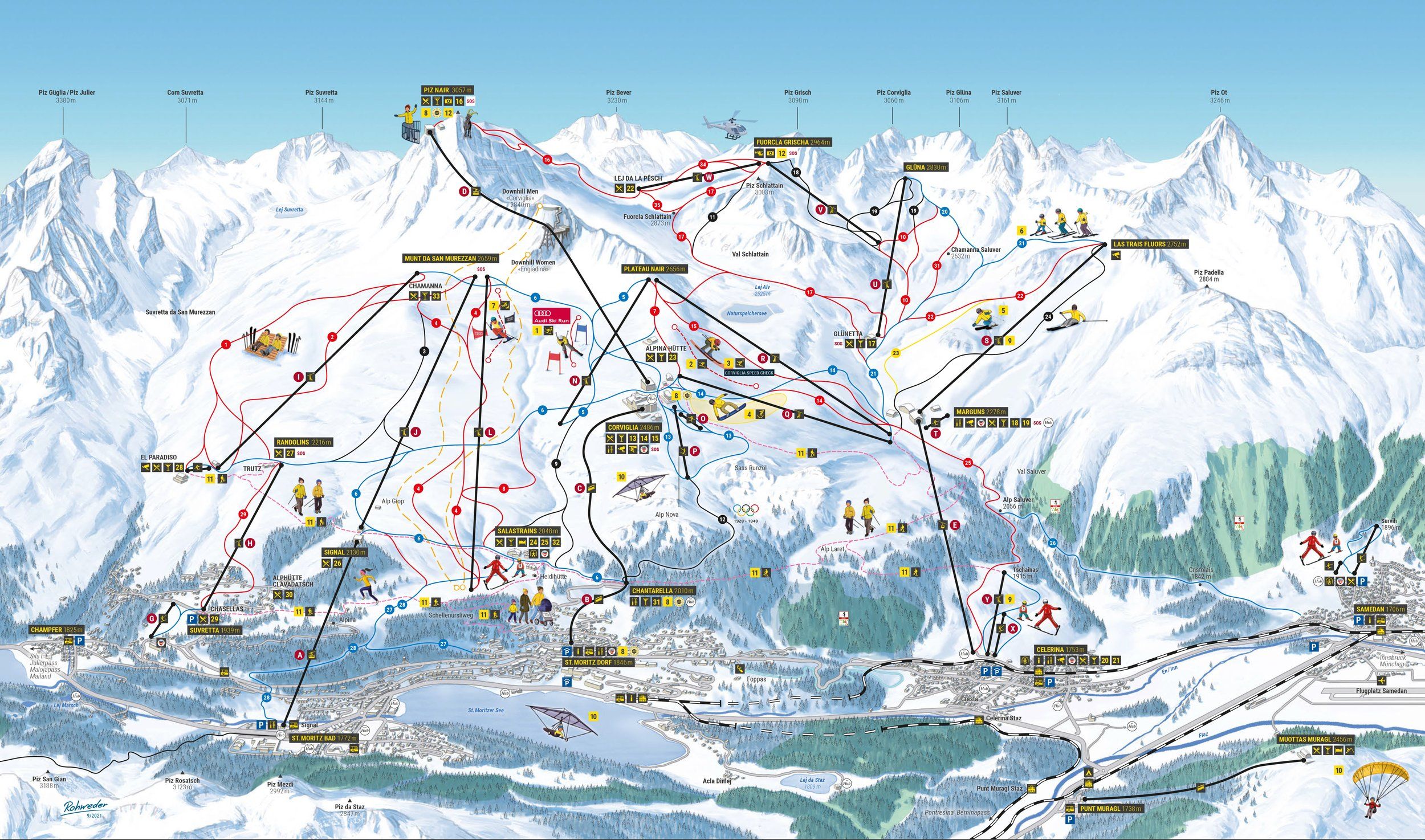 Pistenplan / Karte Skigebiet St. Moritz, Schweiz