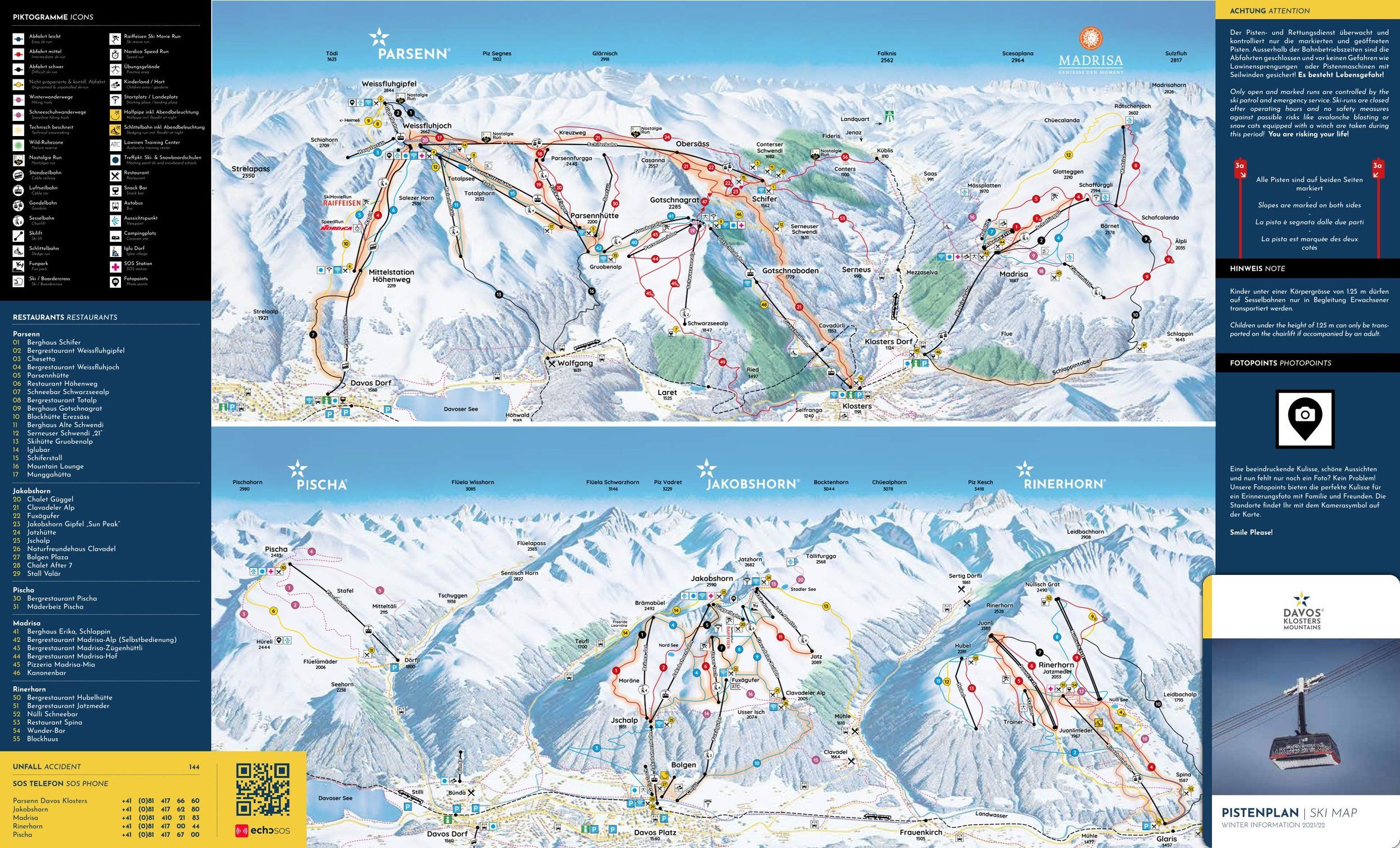 Pistenplan / Karte Skigebiet Klosters, Schweiz