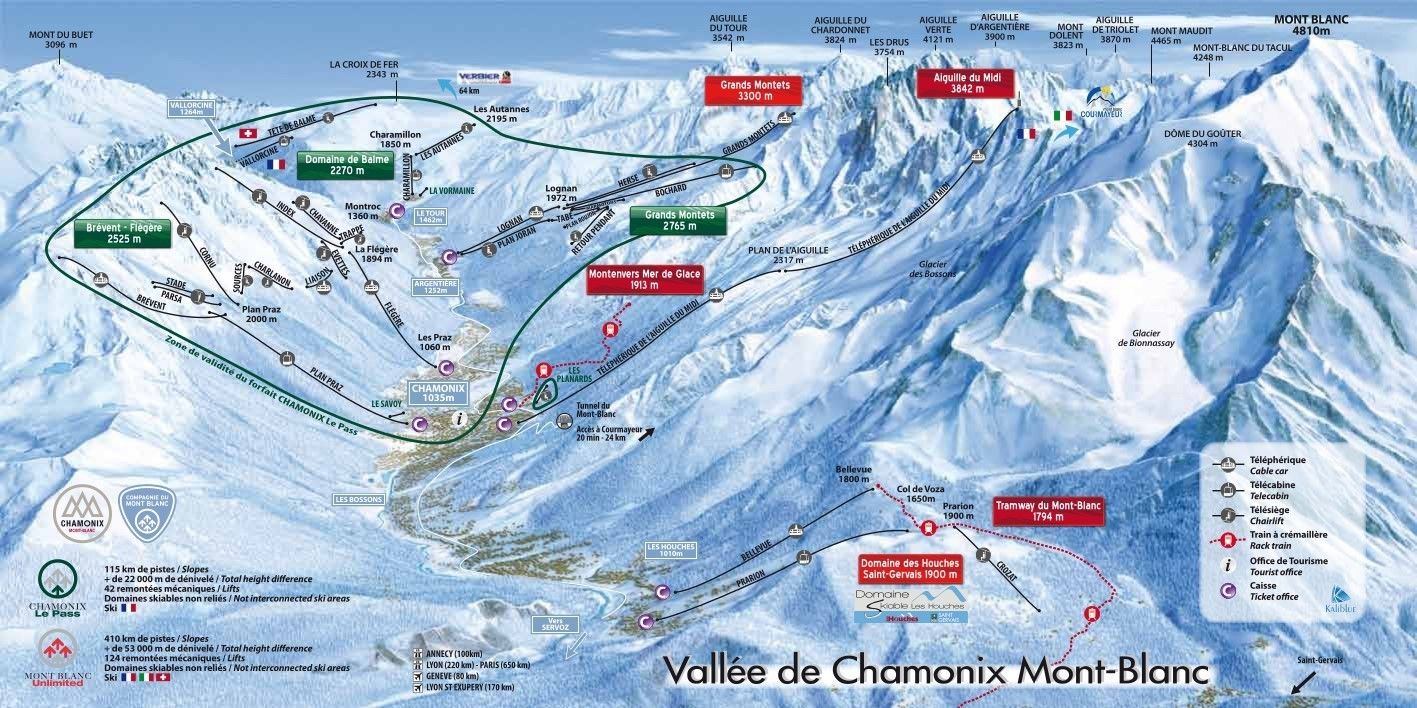 Pistenplan / Karte Skigebiet Vallorcine, Frankreich