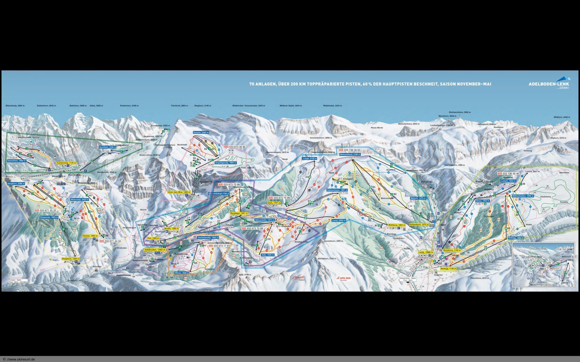 Pistenplan / Karte Skigebiet Adelboden, Schweiz