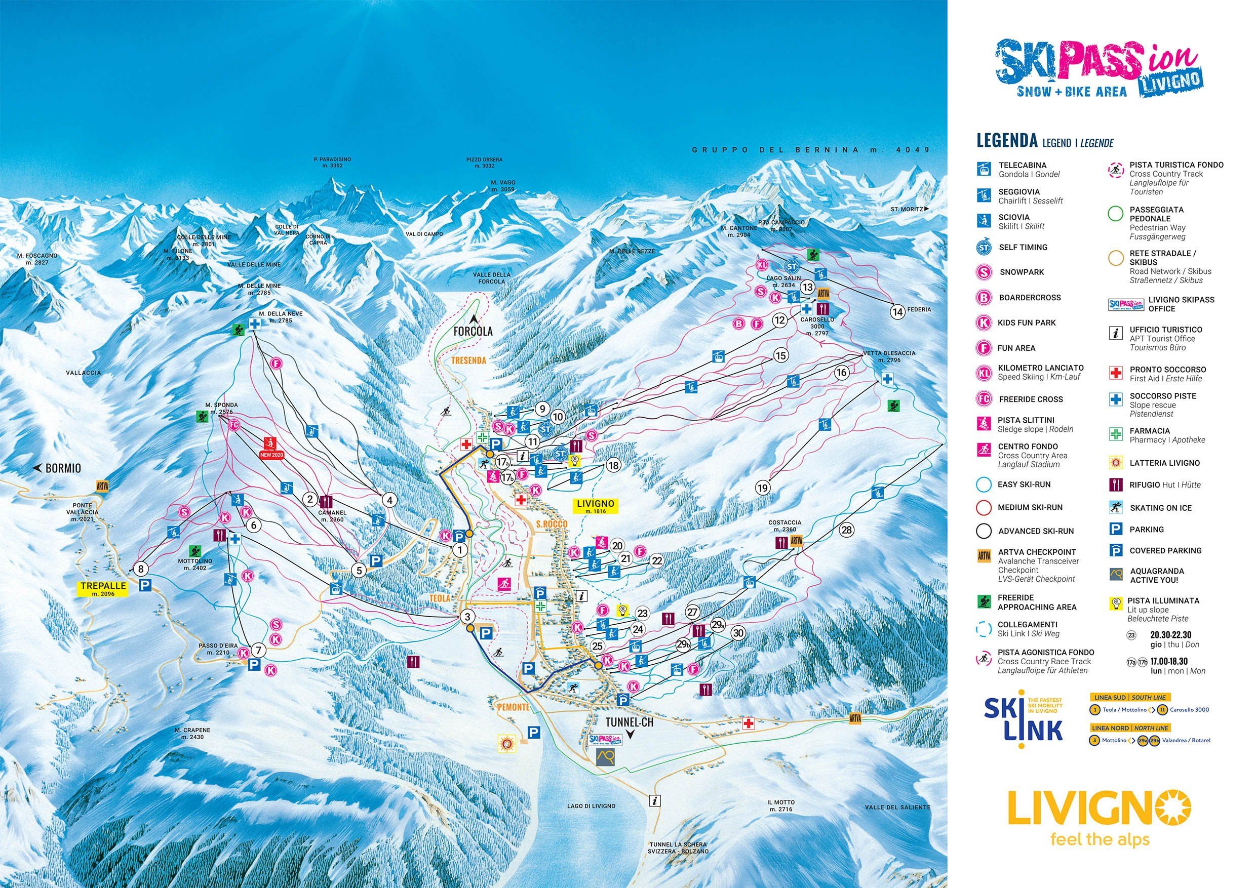 Pistenplan / Karte Skigebiet Livigno, Italien