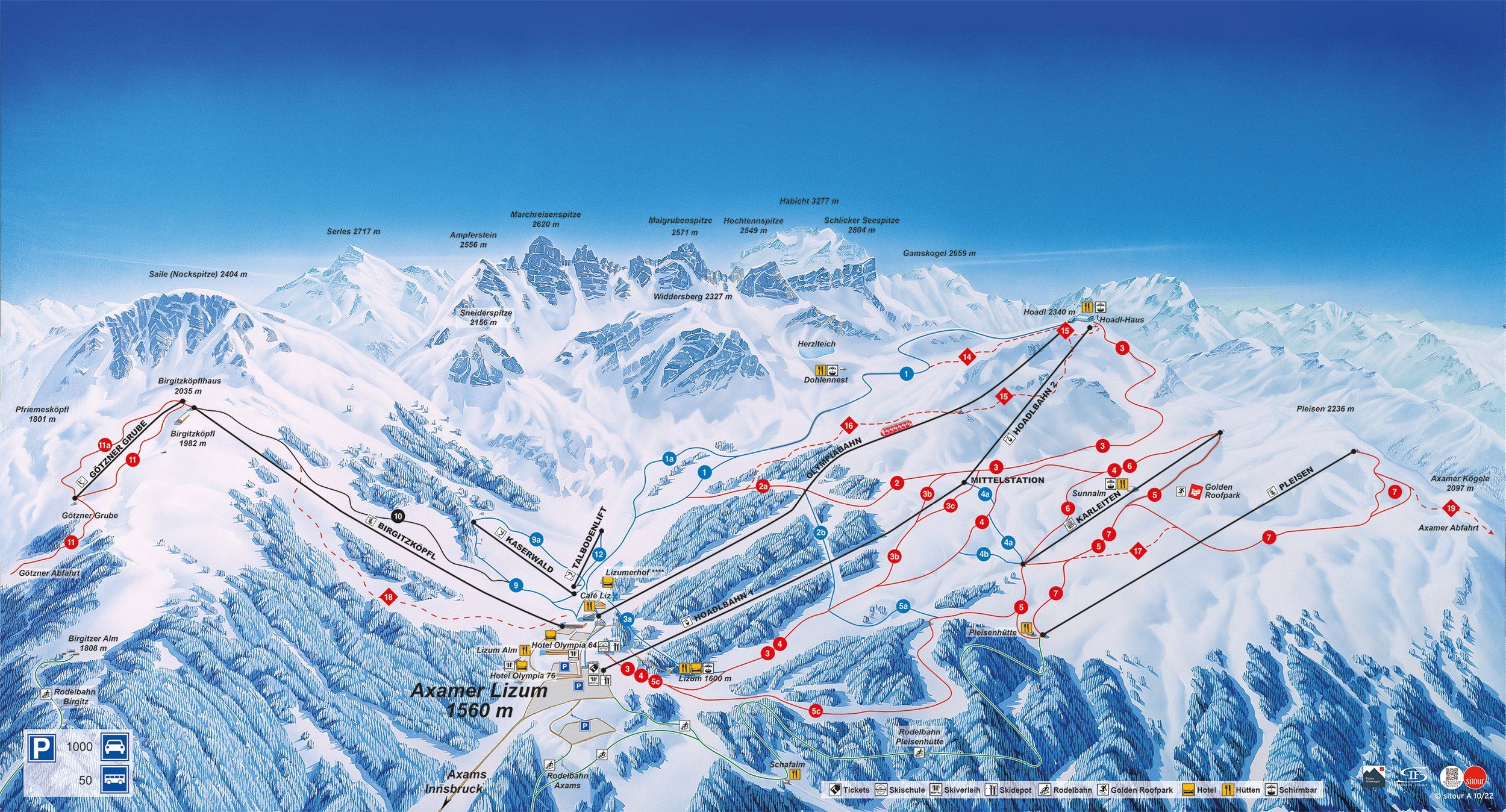 Pistenplan / Karte Skigebiet Axams, Österreich