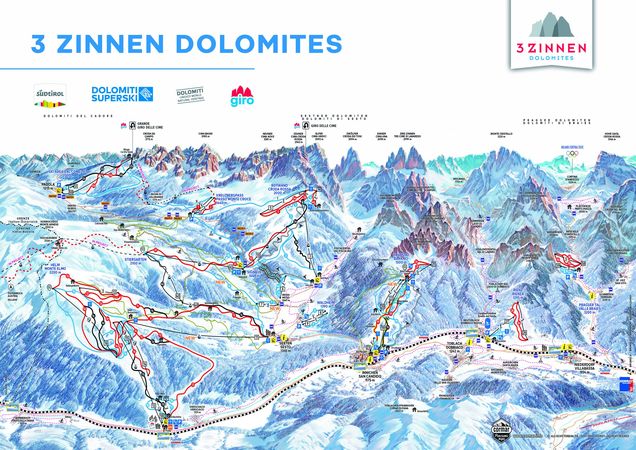 Mapa sjezdovek 3 Zinnen Dolomiten