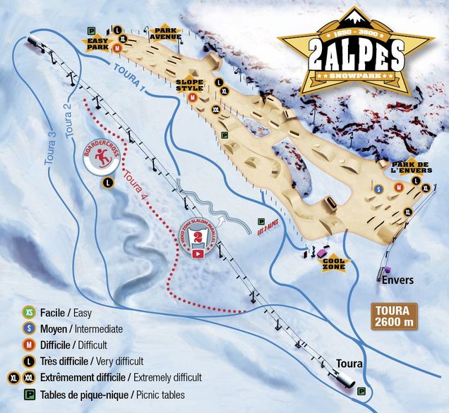 Mapa snowparku Les 2 Alpes