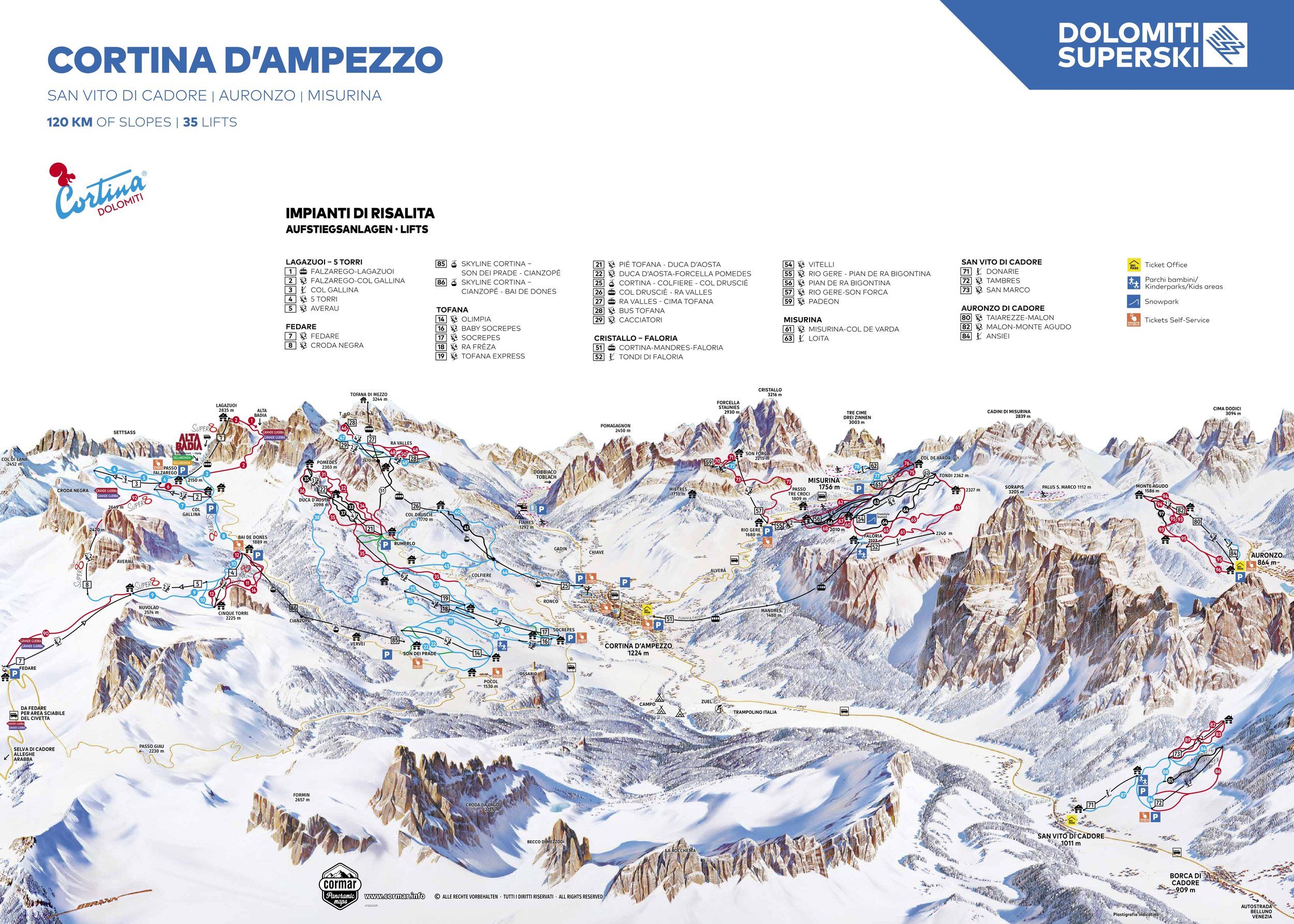 Pistenplan / Karte Skigebiet Misurina, Italien