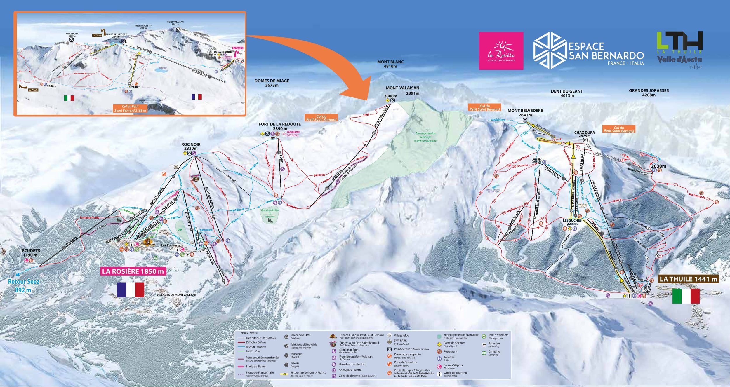 Pistenplan / Karte Skigebiet La Rosière, Frankreich