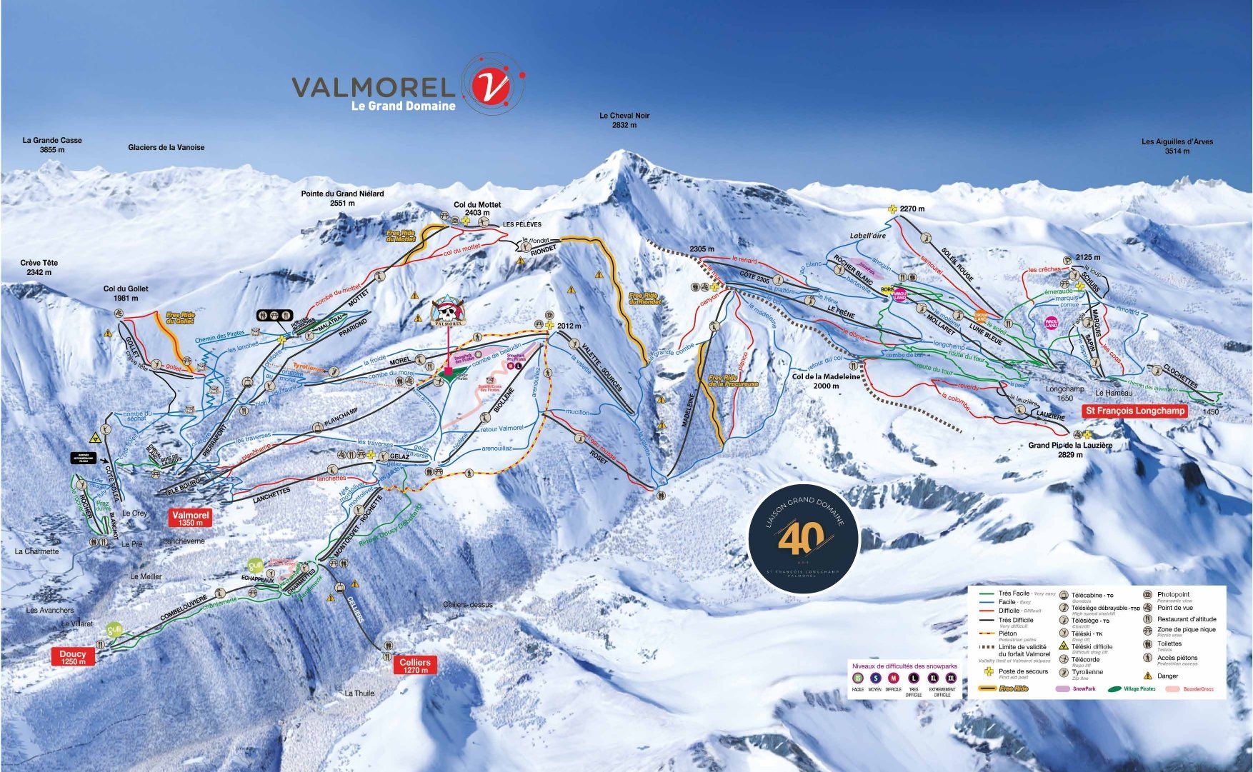 Pistenplan / Karte Skigebiet St. François-Longchamp, Frankreich