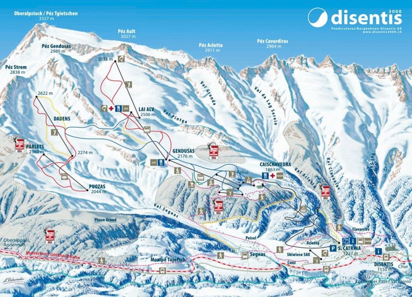 Pistenplan / Karte Skigebiet Disentis, Schweiz