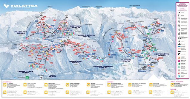 Plan des pistes Via Lattea - Sestriere/Sauze d'Oulx/San Sicario/Claviere/Montgenèvre