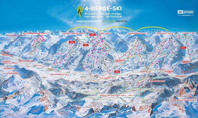 Piste map 4-mountain interconnected ski areas - Schladming